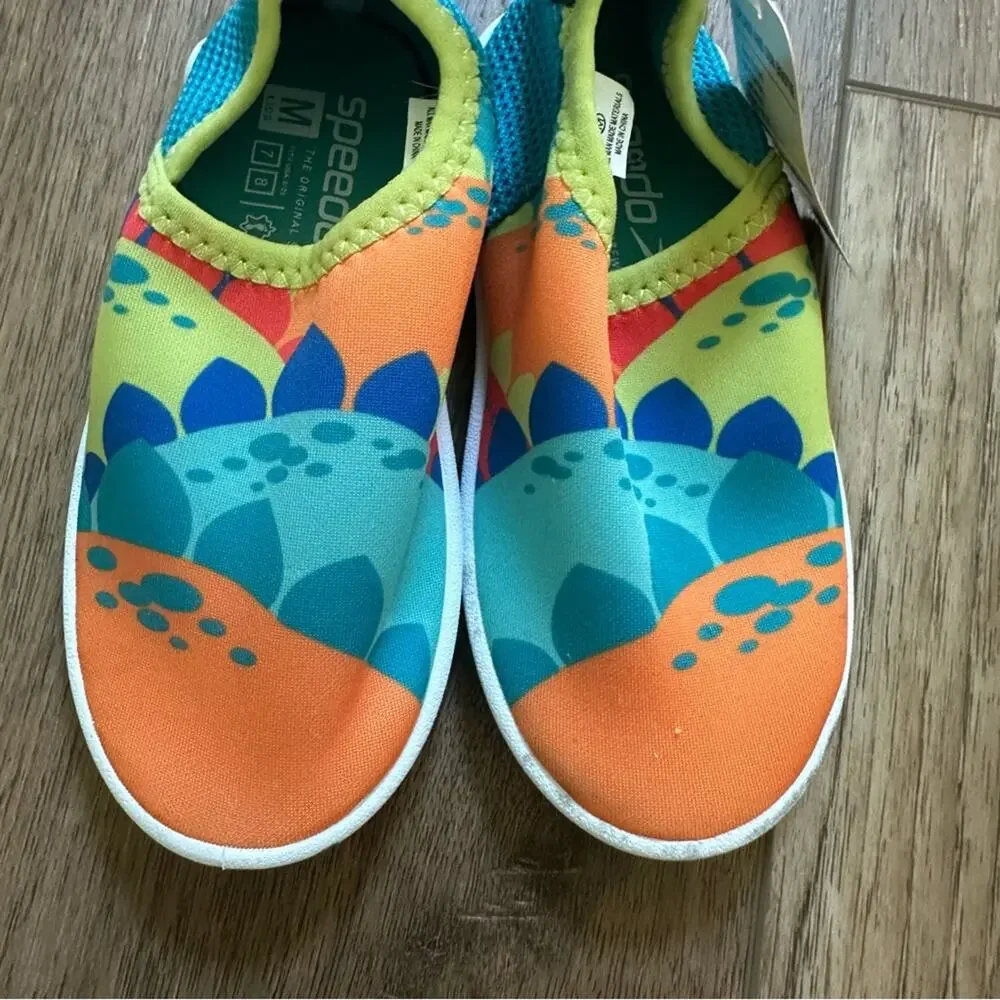 NEW!! Speedo Kids Water Shoes, Orange and Blue, Dinosaur, Size 7/8
